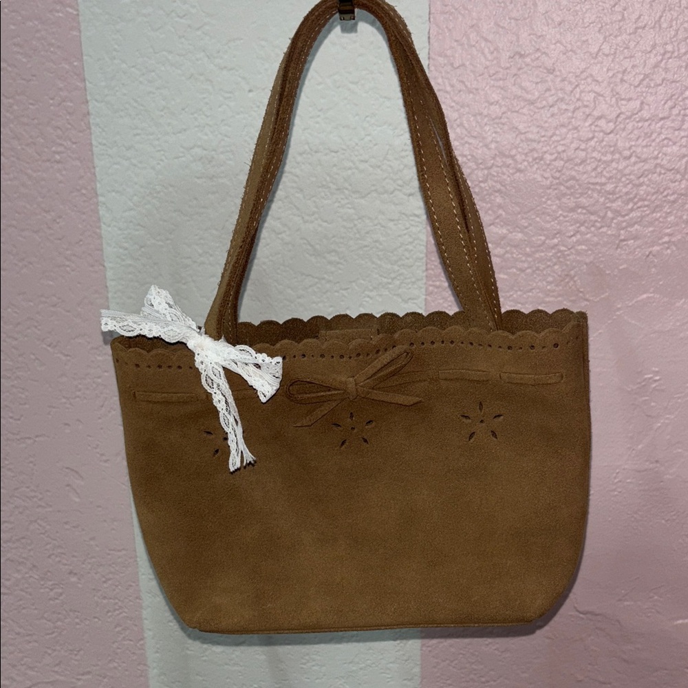 mini brown real suede Tote Bag with Lace Accent